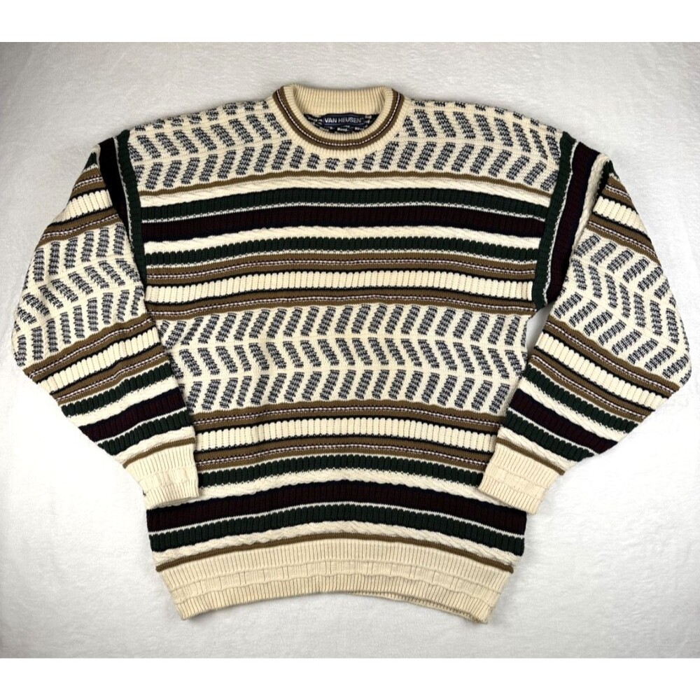 Van Heusen Mens Large Sweater Cotton Geometric Stripe Crewneck Retro Multicolor